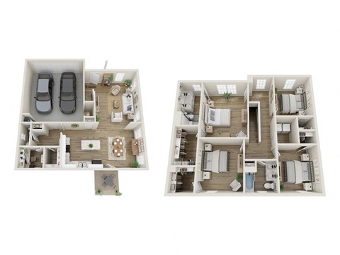 Two floor plan images of a house with two bedrooms, two bathrooms, a living room, a kitchen, and a dining area.